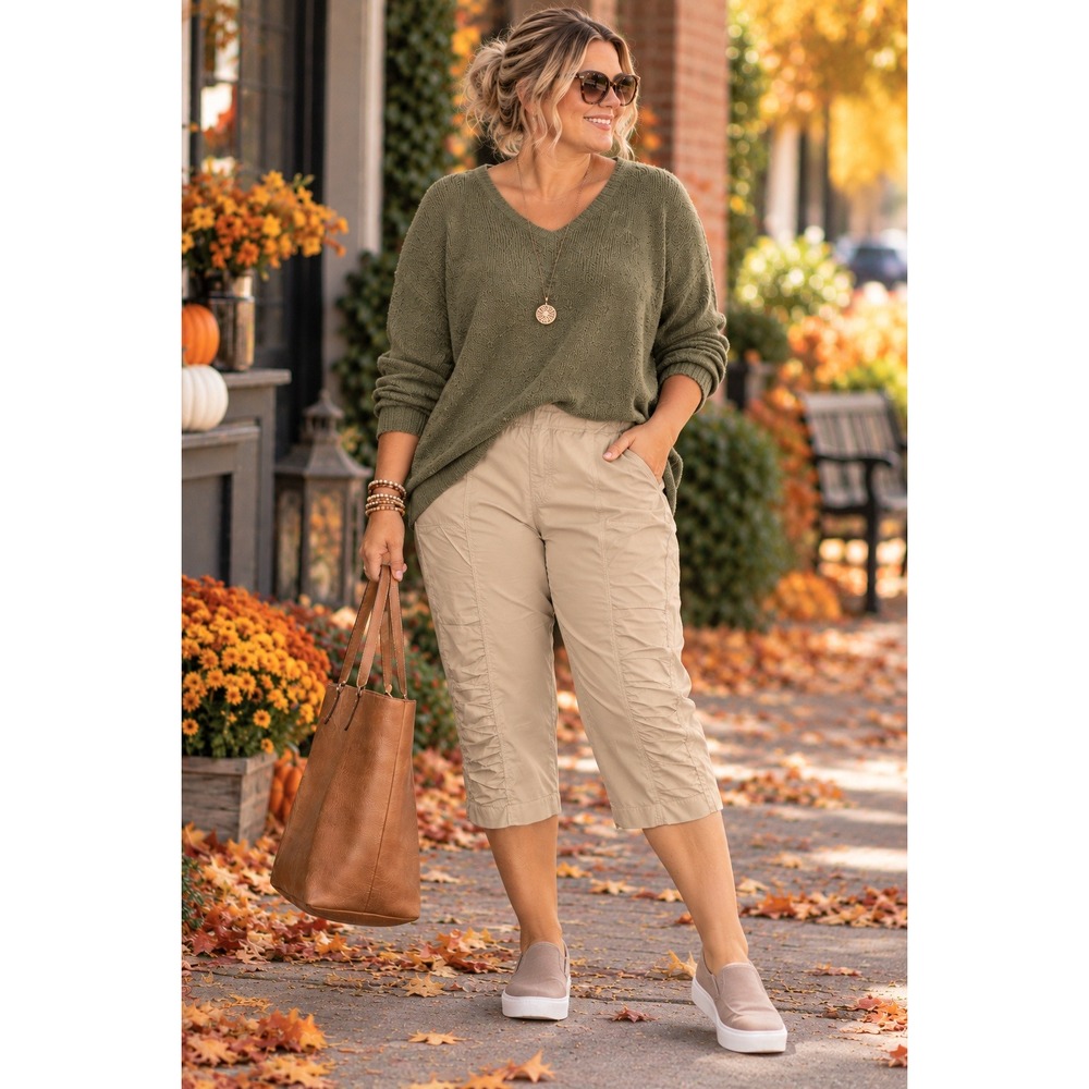 Wearables Core Tan Capri Pants 2X Ruched Pull On Stretch Lagenlook